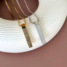 Ayatul Kursi Pendant Necklace for Men – Stainless Steel 3D Bar Islamic Chain – Arabic Calligraphy – Golden Silver Black – Muslim Gift Jewelry