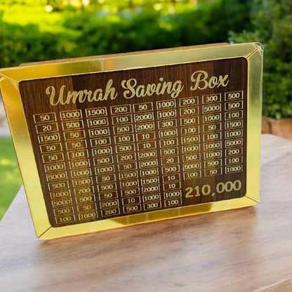 Umrah Saving Box - Wooden Umrah Saving Box - 280 Days Savings Plan - Islamic Halal Money Jar for Hajj & Umrah - Daily Pilgrimage Savings Tracker - Gift for Muslims Money Saving Box